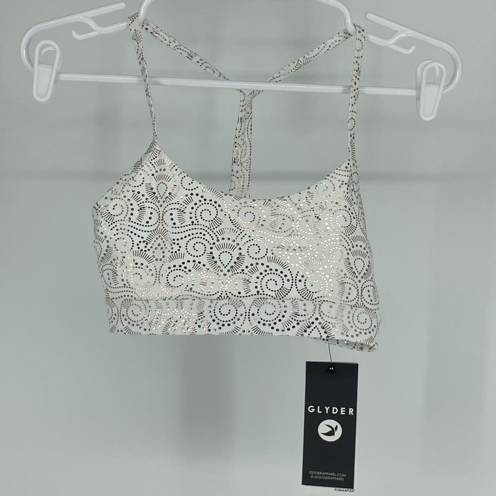 GLYDER NWT LOTUS SPORTS BRA WHITE GOLD FOIL EXTRA SMALL - Picture 3 of 8